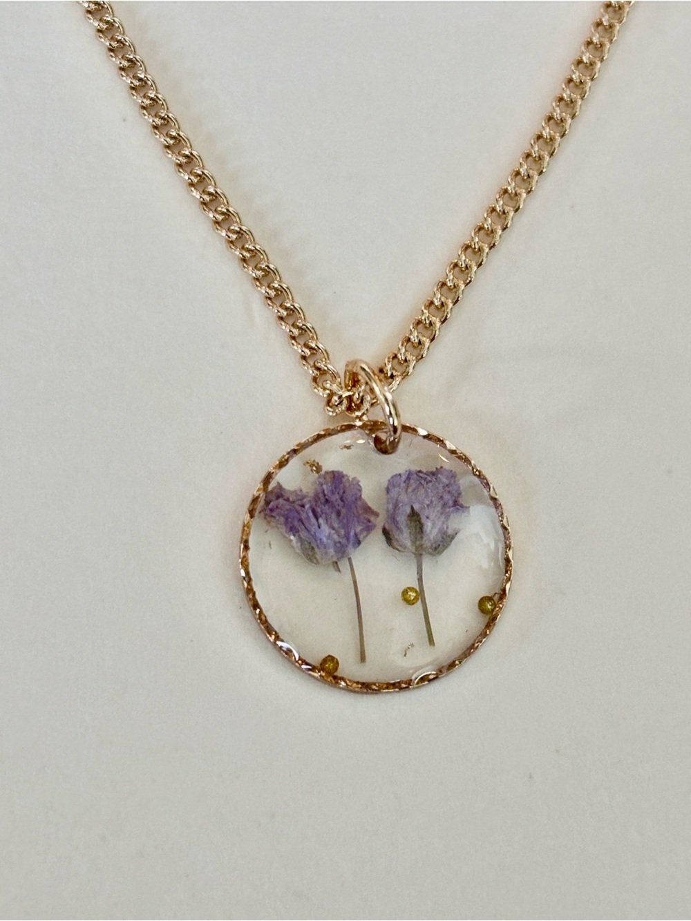 NWT World Market Real Dried Flowers Pendant Necklace Gold & Purple